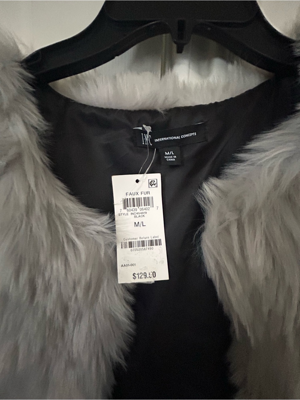INC International Concepts Light Gray Faux Fur Vest with Black Lining